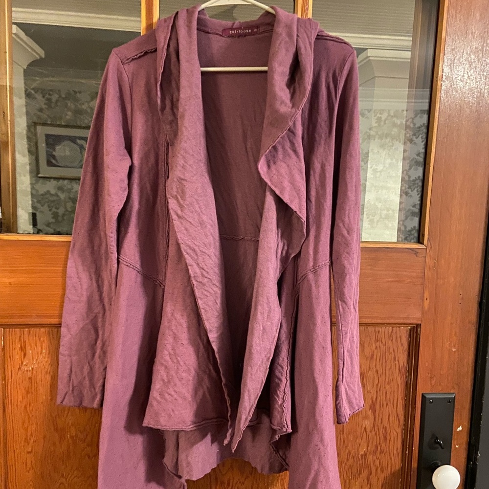 Purple with speckles hooded cardigan.